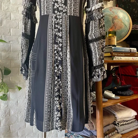 Sea New York Keely Tie-Neck Long-Sleeve Peasant Mini Tunic Dress Black Boho - Picture 12 of 15